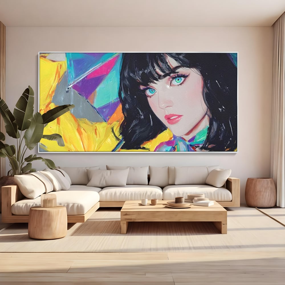 Tablou canvas cu pictura cu femeie bruneta si umbrela colorata, in rama de aluminiu argintiu, pe perete intr-un living